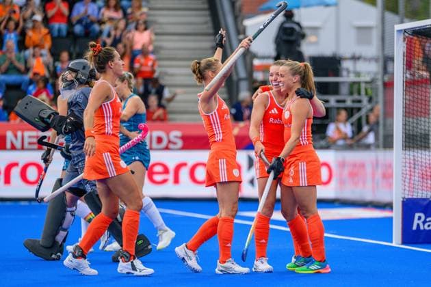 AMSTELVEEN, 17-08-2026, Wagener Stadion, FIH Hockey World Cup 2026 Women, 2026. Frederique Matla, Marijn Veen, Marleen Jochems and Joosje Burg celebrating the goal scored during the game Australia - Netherlands (women). Australia - Netherlands (women)  x205818704x Copyright: