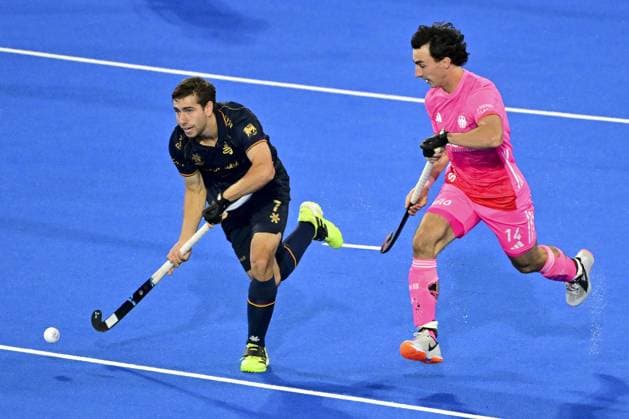 Belgium s Thibeau Stockbroekx and German Teo Hinrichs fight for the ball during a hockey game between Belgian Lions and Germany, the second (out of three) matches during the group stage of the men s 2026 Hockey World Cup, Monday 17 August 2026 in Wavre. The 2026 edition of the Hockey World Cup takes place in Belgium and The Netherlands from August 15 to August 30. DIRKxWAEM  x183625246x