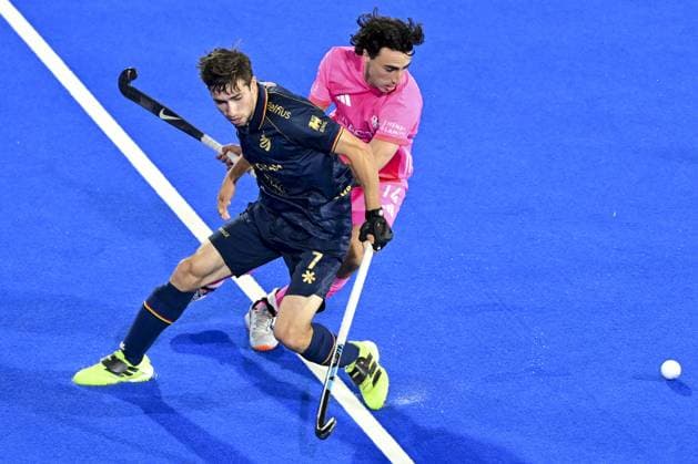 Belgium s Thibeau Stockbroekx and German Teo Hinrichs fight for the ball during a hockey game between Belgian Lions and Germany, the second (out of three) matches during the group stage of the men s 2026 Hockey World Cup, Monday 17 August 2026 in Wavre. The 2026 edition of the Hockey World Cup takes place in Belgium and The Netherlands from August 15 to August 30. DIRKxWAEM  x183625437x