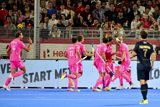 German players celebrate after scoring during a hockey game between Belgian Lions and Germany, the second (out of three) matches during the group stage of the men s 2026 Hockey World Cup, Monday 17 August 2026 in Wavre. The 2026 edition of the Hockey World Cup takes place in Belgium and The Netherlands from August 15 to August 30. DIRKxWAEM  x183627375x