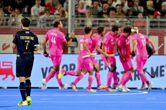 German players celebrate after scoring during a hockey game between Belgian Lions and Germany, the second (out of three) matches during the group stage of the men s 2026 Hockey World Cup, Monday 17 August 2026 in Wavre. The 2026 edition of the Hockey World Cup takes place in Belgium and The Netherlands from August 15 to August 30. DIRKxWAEM  x183627463x