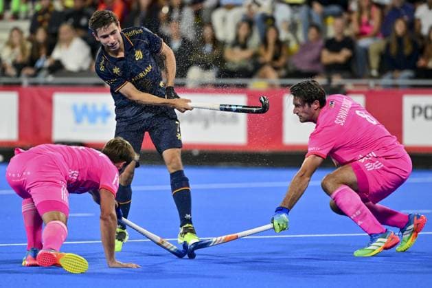 Belgium s Thibeau Stockbroekx; German Benedikt Schwarzhaupt and German Paul-Philipp Kaufmann pictured during a hockey game between Belgian Lions and Germany, the second (out of three) matches during the group stage of the men s 2026 Hockey World Cup, Monday 17 August 2026 in Wavre. The 2026 edition of the Hockey World Cup takes place in Belgium and The Netherlands from August 15 to August 30. DIRKxWAEM  x183627468x