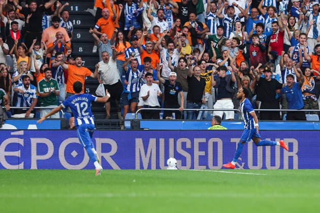 August 17, 2026, A Coruna, A Coruna, SPAIN: Pierre-Emerick Aubameyang of RC Deportivo A Coruna celebrates a goal during the Spanish league, LaLiga EA Sports, football match played between RC Deportivo and Elche CF at Riazor stadium on August 17, 2026, in A Coruna, Spain. A Coruna SPAIN - ZUMAa181 20260817_zaa_a181_066 Copyright: xIrinaxR.xHipolitox