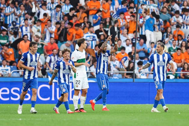 August 17, 2026, A Coruna, A Coruna, SPAIN: Pierre-Emerick Aubameyang of RC Deportivo A Coruna celebrates a goal during the Spanish league, LaLiga EA Sports, football match played between RC Deportivo and Elche CF at Riazor stadium on August 17, 2026, in A Coruna, Spain. A Coruna SPAIN - ZUMAa181 20260817_zaa_a181_069 Copyright: xIrinaxR.xHipolitox