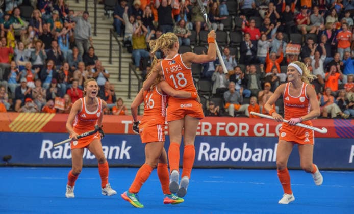 Joosje Burg (16 Netherlands Hockey Team) scores and celebrate with Freeke Moes (18 Netherlands Hockey Team) but goal was not fair during the FIH World Cup game between Australia and Netherlands at Wagener stadion, Amstelveen, Netherlands.  Copyright: xArnexvanxderxBenx xSPPx Sportspressphoto_SPR210392