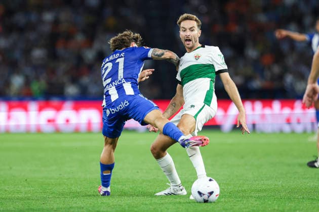 August 17, 2026, A Coruna, A Coruna, SPAIN: Mario Soriano of RC Deportivo A Coruna and Marc Aguado of Elche CF in action during the Spanish league, LaLiga EA Sports, football match played between RC Deportivo and Elche CF at Riazor stadium on August 17, 2026, in A Coruna, Spain. A Coruna SPAIN - ZUMAa181 20260817_zaa_a181_097 Copyright: xIrinaxR.xHipolitox