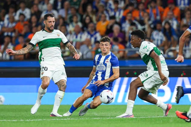 August 17, 2026, A Coruna, A Coruna, SPAIN: Kevin Sr of RC Deportivo A Coruna in action during the Spanish league, LaLiga EA Sports, football match played between RC Deportivo and Elche CF at Riazor stadium on August 17, 2026, in A Coruna, Spain. A Coruna SPAIN - ZUMAa181 20260817_zaa_a181_107 Copyright: xIrinaxR.xHipolitox