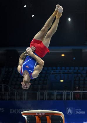 Media Day of Croatia Men s gymnastics team Ilia Kovtun of Croatia performs on the vault during a media day ahead of the 37th European Championships in Men™s Artistic Gymnastics at Arena Zagreb on August 17, 2026., in Zagreb, Croatia.  MarkoxLukunic PIXSELL