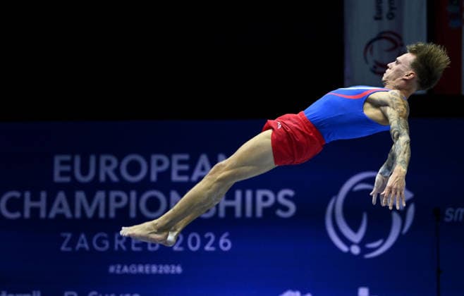 Media Day of Croatia Men s gymnastics team Aurel Benovic of Croatia performs on the vault during a media day ahead of the 37th European Championships in Men™s Artistic Gymnastics at Arena Zagreb on August 17, 2026., in Zagreb, Croatia.  MarkoxLukunic PIXSELL