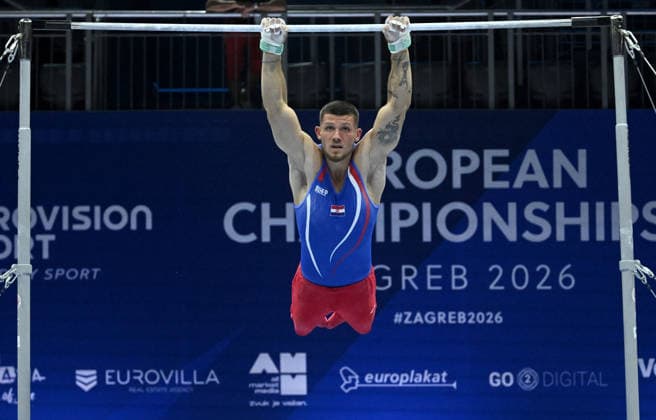 Media Day of Croatia Men s gymnastics team Ilia Kovtun of Croatia performs on the Horizontal Bar during a media day ahead of the 37th European Championships in Men™s Artistic Gymnastics at Arena Zagreb on August 17, 2026., in Zagreb, Croatia.  MarkoxLukunic PIXSELL