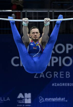 Media Day of Croatia Men s gymnastics team Tin Srbic of Croatia performs on the Horizontal Bar during a media day ahead of the 37th European Championships in Men™s Artistic Gymnastics at Arena Zagreb on August 17, 2026., in Zagreb, Croatia.  MarkoxLukunic PIXSELL