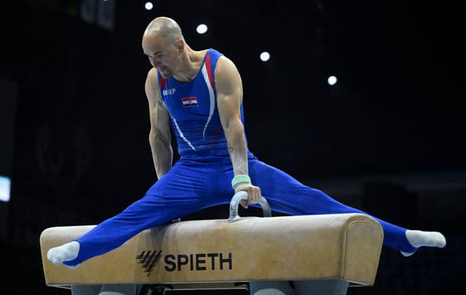 Media Day of Croatia Men s gymnastics team Filip Ude of Croatia performs on the pommel horse during a media day ahead of the 37th European Championships in Men™s Artistic Gymnastics at Arena Zagreb on August 17, 2026., in Zagreb, Croatia.  MarkoxLukunic PIXSELL