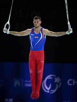 Media Day of Croatia Men s gymnastics team Ilia Kovtun of Croatia performs on the rings during a media day ahead of the 37th European Championships in Men™s Artistic Gymnastics at Arena Zagreb on August 17, 2026., in Zagreb, Croatia.  MarkoxLukunic PIXSELL