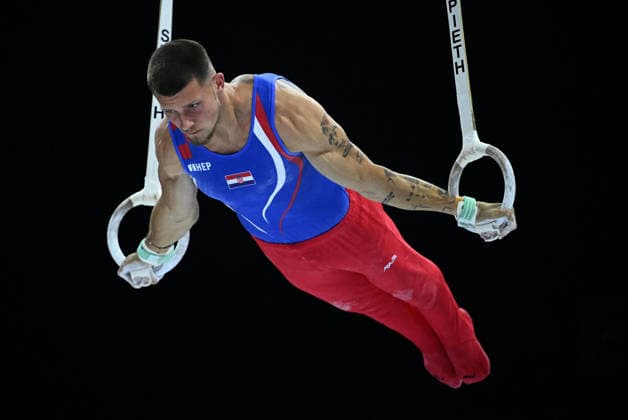 Media Day of Croatia Men s gymnastics team Ilia Kovtun of Croatia performs on the rings during a media day ahead of the 37th European Championships in Men™s Artistic Gymnastics at Arena Zagreb on August 17, 2026., in Zagreb, Croatia.  MarkoxLukunic PIXSELL