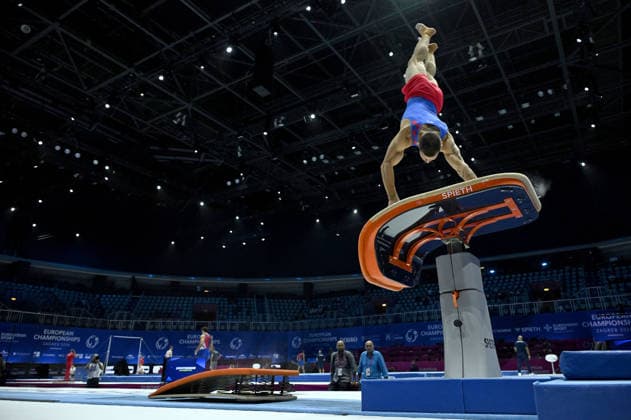 Media Day of Croatia Men s gymnastics team Ilia Kovtun of Croatia performs on the vault during a media day ahead of the 37th European Championships in Men™s Artistic Gymnastics at Arena Zagreb on August 17, 2026., in Zagreb, Croatia.  MarkoxLukunic PIXSELL