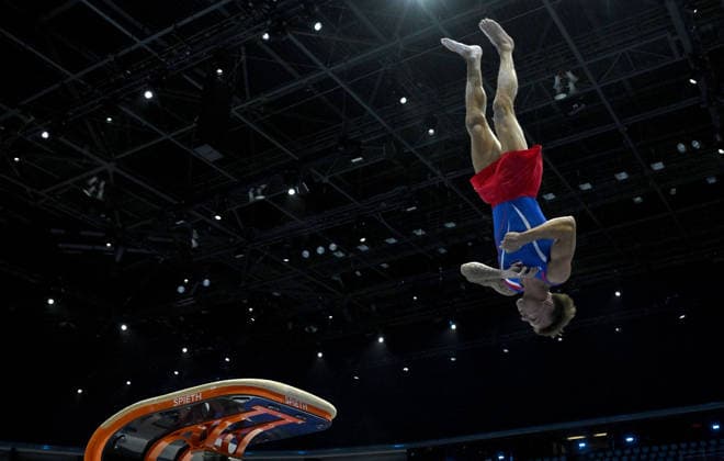Media Day of Croatia Men s gymnastics team Aurel Benovic of Croatia performs on the vault during a media day ahead of the 37th European Championships in Men™s Artistic Gymnastics at Arena Zagreb on August 17, 2026., in Zagreb, Croatia.  MarkoxLukunic PIXSELL