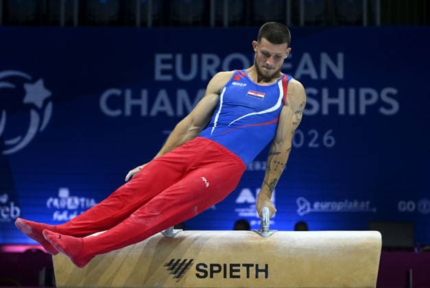 Media Day of Croatia Men s gymnastics team Ilia Kovtun of Croatia performs on the pommel horse during a media day ahead of the 37th European Championships in Men™s Artistic Gymnastics at Arena Zagreb on August 17, 2026., in Zagreb, Croatia.  MarkoxLukunic PIXSELL