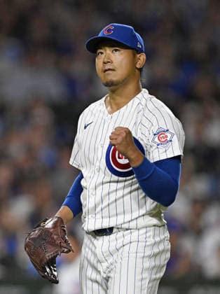 Baseball: White Sox vs. Cubs Chicago Cubs starter Shota Imanaga reacts after pitching six innings in a baseball game against the Chicago White Sox at Wrigley Field in Chicago on Aug. 17, 2026.  A14AA0005626174P