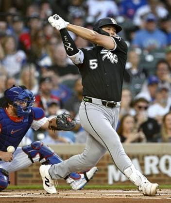 Baseball: White Sox vs. Cubs Munetaka Murakami of the Chicago White Sox strikes out swinging in the first inning of a baseball game against the Chicago Cubs at Wrigley Field in Chicago on Aug. 17, 2026.  A14AA0005626176P