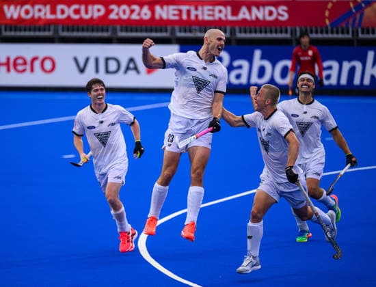 Hockey World Cup Day Four Dylan Thomas of New Zealand (Black Sticks) celebrates scoring his first goal and the team™s second against Japan in the Pool A match in the 2026 FIH Hockey World Cup at Wagener Stadium, Amstelveen 18 08 2026 UK Newspapers OUT Copyright: xGraemexWilcocksonx FIL-23793-0004