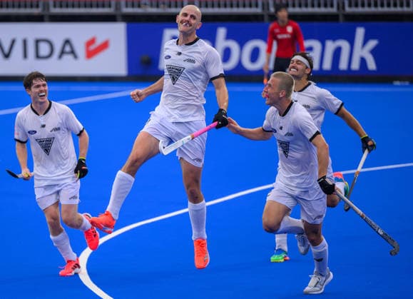 Hockey World Cup Day Four Dylan Thomas of New Zealand (Black Sticks) celebrates scoring his first goal and the team™s second against Japan in the Pool A match in the 2026 FIH Hockey World Cup at Wagener Stadium, Amstelveen 18 08 2026 UK Newspapers OUT Copyright: xGraemexWilcocksonx FIL-23793-0016