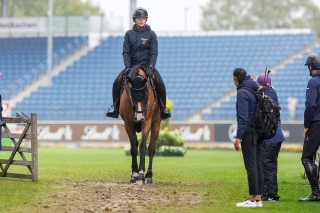 AACHEN - FEI World Championships 2026, AACHEN - FEI World Championships 2026 HINNERS Sophie (GER), Iron Dames Singclair, VOGEL Richard (GER), HSSEIN Valentine (Groom) FEI Jumping World Championship, WM, Weltmeisterschaft Familiarization Aachen, Reitstadion Soers 18. August 2026 - *** 2026 FEI World Championships in Aachen, AACHEN FEI World Championships 2026: Sophie Hinners (GER), Iron Dames Singclair; Richard Vogel (GER); Valentine Hossein (Groom), FEI Jumping World Championship Familiarization Event in Aachen, Soers Equestrian Stadium, August 18, 2026