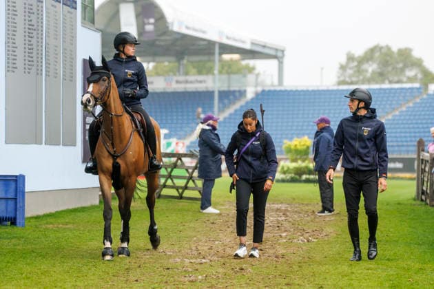 AACHEN - FEI World Championships 2026, AACHEN - FEI World Championships 2026 HINNERS Sophie (GER), Iron Dames Singclair, VOGEL Richard (GER), HSSEIN Valentine (Groom) FEI Jumping World Championship, WM, Weltmeisterschaft Familiarization Aachen, Reitstadion Soers 18. August 2026 - *** 2026 FEI World Championships in Aachen, AACHEN FEI World Championships 2026: Sophie Hinners (GER), Iron Dames Singclair; Richard Vogel (GER); Valentine Hossein (Groom), FEI Jumping World Championship Familiarization Event in Aachen, Soers Equestrian Stadium, August 18, 2026