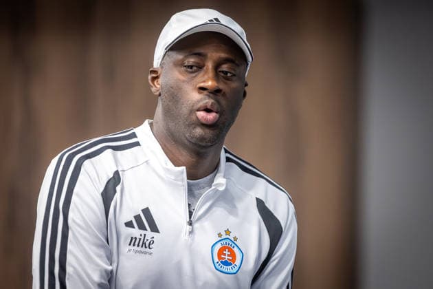 SLOVAN BRATISLAVA - CELJE press conference, PK, Pressekonferenz Head coach of Slovan Yaya Toure during press conference ahead of the first leg of play off round of UEFA Champions league football match between SK SLovan Bratislava and Celje at the Tehelne Pole Narodny futbalovy stadion. Bratislava, Slovakia, August 18, 2026. Copyright: xx 080A7645