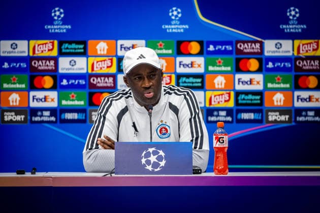SLOVAN BRATISLAVA - CELJE press conference, PK, Pressekonferenz Head coach of Slovan Yaya Toure during press conference ahead of the first leg of play off round of UEFA Champions league football match between SK SLovan Bratislava and Celje at the Tehelne Pole Narodny futbalovy stadion. Bratislava, Slovakia, August 18, 2026. Copyright: xx 080A7921