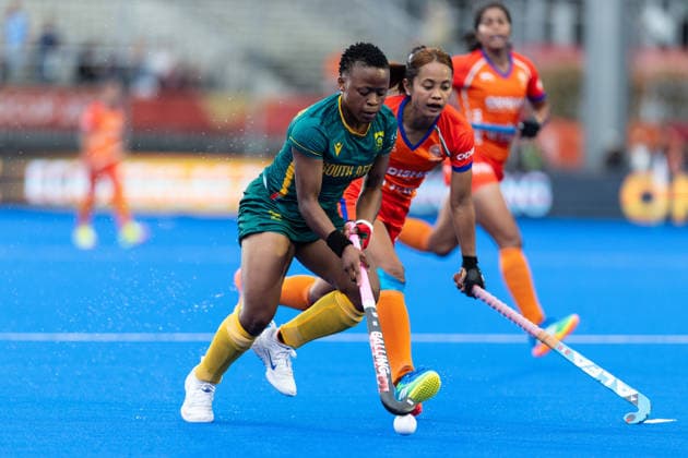 India v South Africa - FIH Hockey World Cup AMSTELVEEN, NETHERLANDS - AUGUST 18: Sushila Chanu Pukhrambam of India and Ntsopa Mokoena of South Africa during the FIH Hockey World Cup match between India and South Africa at Wagener Stadion on August 18, 2026 in Amstelveen, Netherlands. Amstelveen Wagener Stadion Netherlands Content not available for redistribution in The Netherlands directly or indirectly through any third parties. Copyright: xMarcelxvanxPlateringenx