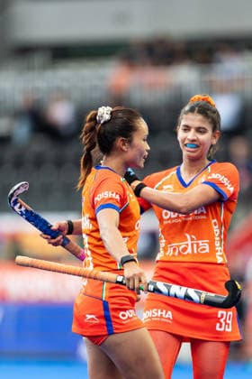 India v South Africa - FIH Hockey World Cup AMSTELVEEN, NETHERLANDS - AUGUST 18: Lalremsiami and Sakshi Rana of India during the FIH Hockey World Cup match between India and South Africa at Wagener Stadion on August 18, 2026 in Amstelveen, Netherlands. Amstelveen Wagener Stadion Netherlands Content not available for redistribution in The Netherlands directly or indirectly through any third parties. Copyright: xMarcelxvanxPlateringenx