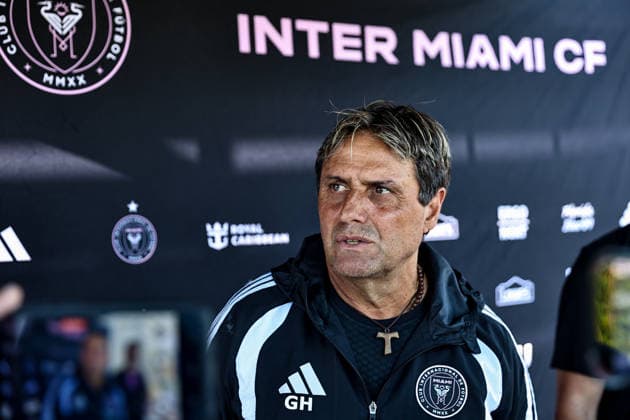 FORT LAUDERDALE, FL - AUGUST 18: Head Coach, Guillermo Hoyos, of Inter Miami CF, talks to the media prior to an Inter Miami Training Session at Florida Blue Training Center on August 18, 2026 in Fort Lauderdale, Florida. (Photo by Chris Arjoon Icon Sportswire) SOCCER: AUG 18 Inter Miami CF Training EDITORIAL USE ONLY Icon2608180000002