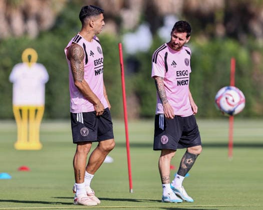 FORT LAUDERDALE, FL - AUGUST 18: Lionel Messi (10) and Luis Suarez (9) of Inter Miami CF attend an Inter Miami Training Session at Florida Blue Training Center on August 18, 2026 in Fort Lauderdale, Florida. (Photo by Chris Arjoon Icon Sportswire) SOCCER: AUG 18 Inter Miami CF Training EDITORIAL USE ONLY Icon2608180000008