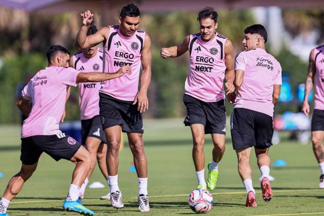 FORT LAUDERDALE, FL - AUGUST 18: Sergio Reguilon (3) and Casemiro (5) of Inter Miami CF attend an Inter Miami Training Session at Florida Blue Training Center on August 18, 2026 in Fort Lauderdale, Florida. (Photo by Chris Arjoon Icon Sportswire) SOCCER: AUG 18 Inter Miami CF Training EDITORIAL USE ONLY Icon2608180000031