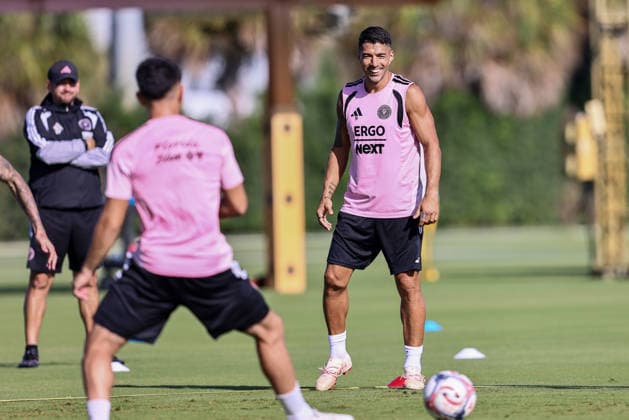 FORT LAUDERDALE, FL - AUGUST 18: Luis Suarez (9) of Inter Miami CF is seen at an Inter Miami Training Session at Florida Blue Training Center on August 18, 2026 in Fort Lauderdale, Florida. (Photo by Chris Arjoon Icon Sportswire) SOCCER: AUG 18 Inter Miami CF Training EDITORIAL USE ONLY Icon2608180000036
