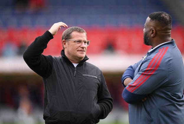 Fussball Testspiel 1. Bundesliga 2026 2027 18.08.2026 1. FC Heidenheim - FC Bayern Muenchen Sportvorstand Max Eberl (li, FC Bayern Muenchen) *** Soccer Friendly Match 1, Bundesliga 2026–2027, August 18, 2026, 1. FC Heidenheim vs. FC Bayern Munich; Sporting Director Max Eberl (left), FC Bayern Munich