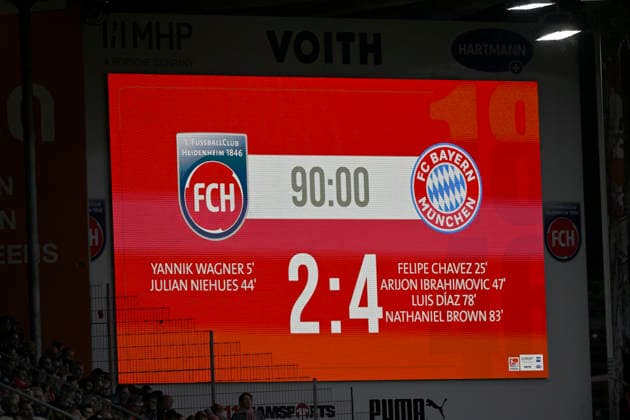 Anzeigetafel Spielstand Endstand 2:4 1. FC Heidenheim 1846 FCH vs FC Bayern Muenchen FCB TESTSPIEL 18.08.2026 DFL REGULATIONS PROHIBIT ANY USE OF PHOTOGRAPHS AS IMAGE SEQUENCES AND OR QUASI-VIDEO 1. FC Heidenheim 1846 FCH vs FC Bayern Muenchen FCB TESTSPIEL *** Scoreboard Final Score 2 4 1 FC Heidenheim 1846 (FCH) vs. FC Bayern Munich (FCB) Friendly Match August 18, 2026 DFL regulations prohibit any use of photographs as image sequences and OR QUASI-VIDEO 1 FC Heidenheim 1846 (FCH) vs. FC Bayern Munich (FCB) Friendly Match