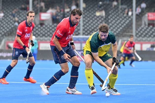 Hockey World Cup Belgium & The Netherlands 2026 - Men - Spain vs Australia Marc Reyne (12) of Spain , Hayden Beltz (23) of Australia pictured during a hockey game between Spain and Australia , the second (out of three) matches during the group stage of the men 2026 Hockey World Cup , on Tuesday 18 August 2026 in Wavre , Belgium . PHOTO SPORTPIX Stijn Audooren Wavre Belfius Hockey Arena Waals-Brabant Belgium  Copyright: xSportpix.bex xStijnxAudoorenxStijnxAudoorenx