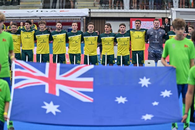 Hockey World Cup Belgium & The Netherlands 2026 - Men - Spain vs Australia Team Australia pictured before a hockey game between Spain and Australia , the second (out of three) matches during the group stage of the men 2026 Hockey World Cup , on Tuesday 18 August 2026 in Wavre , Belgium . PHOTO SPORTPIX Stijn Audooren Wavre Belfius Hockey Arena Waals-Brabant Belgium  Copyright: xSportpix.bex xStijnxAudoorenxStijnxAudoorenx