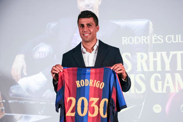 August 18, 2026, Barcelona, Barcelona, SPAIN: Rodrigo Hernandez poses in her FC Barcelona, Barca shirt during his presentation as new player of FC Barcelona at Commercial Office on August 18, 2026 in Barcelona, Spain. Barcelona SPAIN - ZUMAa181 20260818_zaa_a181_053 Copyright: xJavierxBorregox
