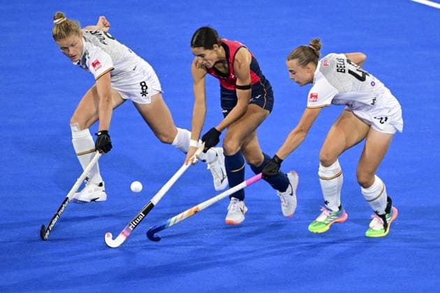 Belgium s Emma Puvrez; Spanish Estel Petchame and Belgium s Camille Belis fight for the ball during a Field hockey, Feldhockey game between Belgian national team, Nationalteam Red Panthers and Spain during the group stage of the women s 2026 Hockey World Cup, on Tuesday 18 August 2026, in Wavre. The 2026 edition of the Hockey World Cup takes place in Belgium and The Netherlands from August 15 to August 30. DIRKxWAEM  x183712026x