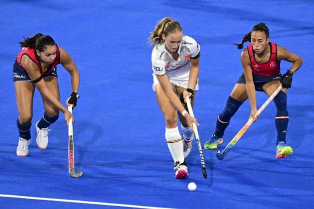 Belgium s Lisa Moors and Spanish Luciana Molina pictured during a Field hockey, Feldhockey game between Belgian national team, Nationalteam Red Panthers and Spain during the group stage of the women s 2026 Hockey World Cup, on Tuesday 18 August 2026, in Wavre. The 2026 edition of the Hockey World Cup takes place in Belgium and The Netherlands from August 15 to August 30. DIRKxWAEM  x183712339x