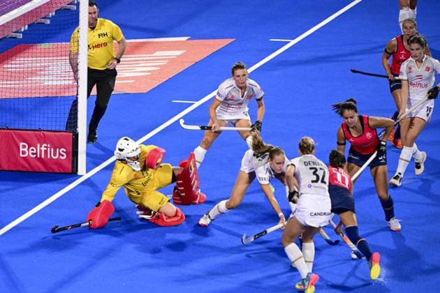 Belgium s goalkeeper Elena Sotgiu pictured during a Field hockey, Feldhockey game between Belgian national team, Nationalteam Red Panthers and Spain during the group stage of the women s 2026 Hockey World Cup, on Tuesday 18 August 2026, in Wavre. The 2026 edition of the Hockey World Cup takes place in Belgium and The Netherlands from August 15 to August 30. DIRKxWAEM  x183714277x