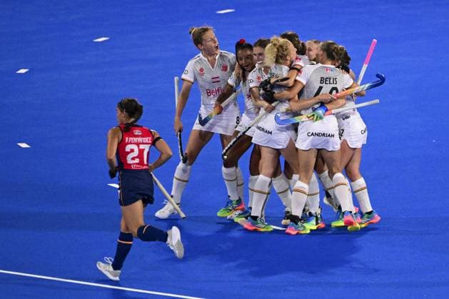 The Red Panthers celebrate after scoring during a Field hockey, Feldhockey game between Belgian national team, Nationalteam Red Panthers and Spain during the group stage of the women s 2026 Hockey World Cup, on Tuesday 18 August 2026, in Wavre. The 2026 edition of the Hockey World Cup takes place in Belgium and The Netherlands from August 15 to August 30. DIRKxWAEM  x183714424x