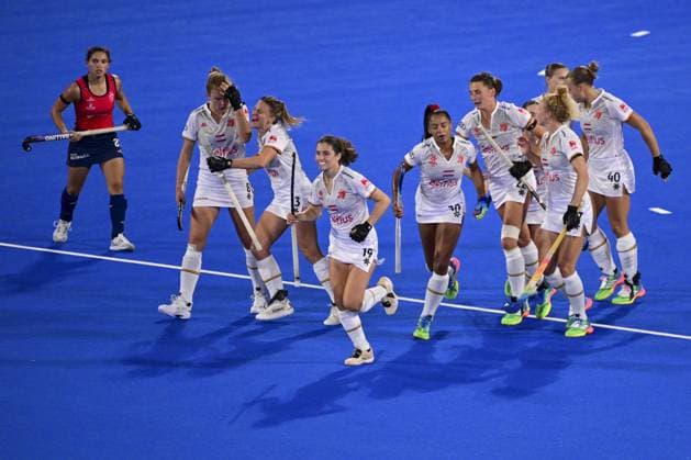 The Red Panthers celebrate after scoring during a Field hockey, Feldhockey game between Belgian national team, Nationalteam Red Panthers and Spain during the group stage of the women s 2026 Hockey World Cup, on Tuesday 18 August 2026, in Wavre. The 2026 edition of the Hockey World Cup takes place in Belgium and The Netherlands from August 15 to August 30. DIRKxWAEM  x183714846x
