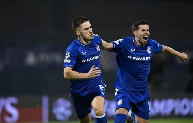 GNK Dinamo Zagreb v Viking - UEFA Champions League 2026 27 Play-Offs First Leg Mateo Lisica and Miha Zajc of GNK Dinamo Zagreb celebrate after Mateo Lisica of GNK Dinamo Zagreb score a goal for 2:0 during the UEFA Champions League 2026 27 play-offs first leg match between GNK Dinamo Zagreb and Viking at Maksimir Stadium on August 18, 2026 in Zagreb, Croatia.  MarkoxLukunic PIXSELL