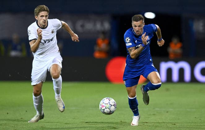 GNK Dinamo Zagreb v Viking - UEFA Champions League 2026 27 Play-Offs First Leg Henrik Heggheim of Viking and Mislav Orsic of GNK Dinamo Zagreb competes for the ball during the UEFA Champions League 2026 27 play-offs first leg match between GNK Dinamo Zagreb and Viking at Maksimir Stadium on August 18, 2026 in Zagreb, Croatia.  MarkoxLukunic PIXSELL