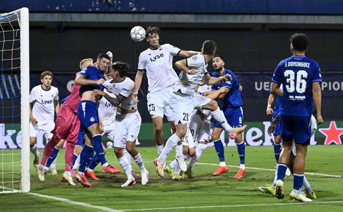 GNK Dinamo Zagreb v Viking - UEFA Champions League 2026 27 Play-Offs First Leg Henrik Falchener of Viking jump for a header during the UEFA Champions League 2026 27 play-offs first leg match between GNK Dinamo Zagreb and Viking at Maksimir Stadium on August 18, 2026 in Zagreb, Croatia.  MarkoxLukunic PIXSELL
