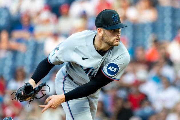 Miami Marlins pitcher Cade Gibson throws during the first inning of a baseball game against the Philadelphia Phillies, Tuesday, Aug. 18, 2026, in Philadelphia, Pennsylvania.  PHI20260818004 LaurencexKesterson