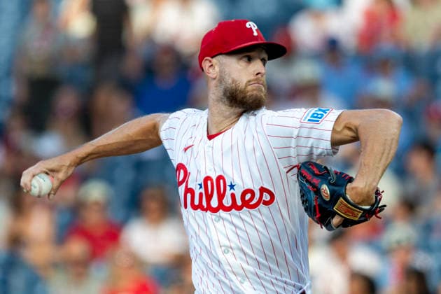 Philadelphia Phillies pitcher Zack Wheeler throws during the first inning of a baseball game against the Miami Marlins, Tuesday, Aug. 18, 2026, in Philadelphia, Pennsylvania.  PHI20260818005 LaurencexKesterson